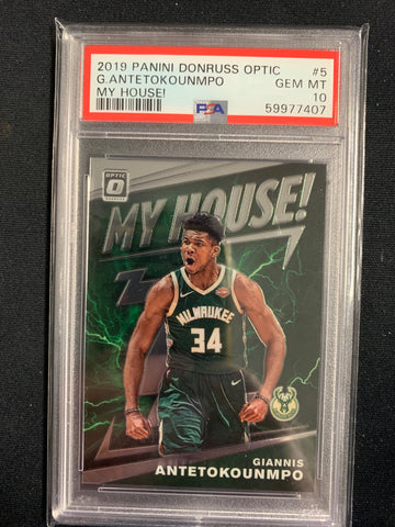 2019 PANINI DONRUSS OPTIC NBA BASKETBALL #5 MILWAUKEE BUCKS - GIANNIS ANTETOKOUNMPO "MY HOUSE" GRADED PSA 10 GEM MINT