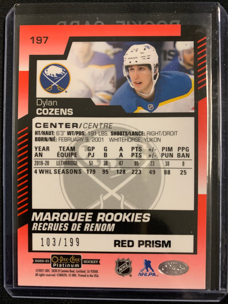 2020-21 UD OPC PLATINUM HOCKEY #197 BUFFALO SABRES - DYLAN COZENS RED PRISM PARALLEL MARQUEE ROOKIES NUMBERED 103/199