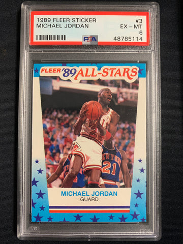 1989 FLEER NBA BASKETBALL #3 CHICAGO BULLS - MICHAEL JORDAN FLEER 89 ALL-STARS STICKER GRADED PSA 6 EX-MT