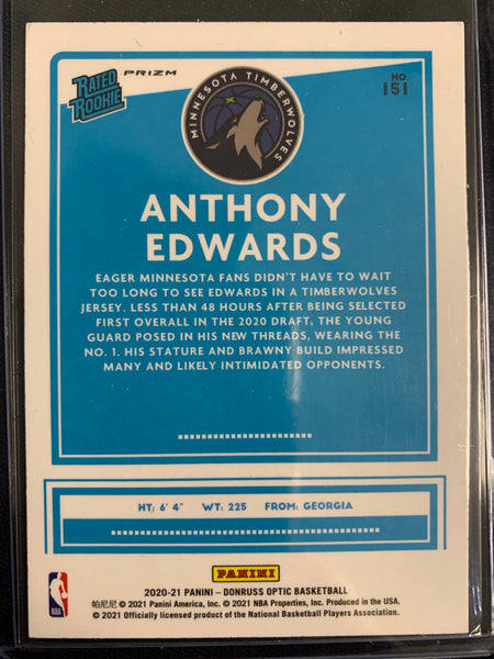 2020-2021 PANINI DONRUSS OPTIC NBA BASKETBALL #151 MINNESOTA TIMERWOLVES - ANTHONY EDWARDS OPTIC PURPLE SHOCK PRIZM RATED ROOKIE CARD