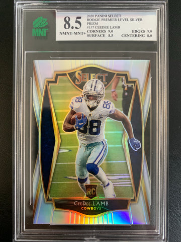 2020 PANINI SELECT FOOTBALL #157 DALLAS COWBOYS - CEE DEE LAMB PREMIER LEVEL SILVER PRIZM ROOKIE CARD GRADED MNT 8.5 NMNT-MINT