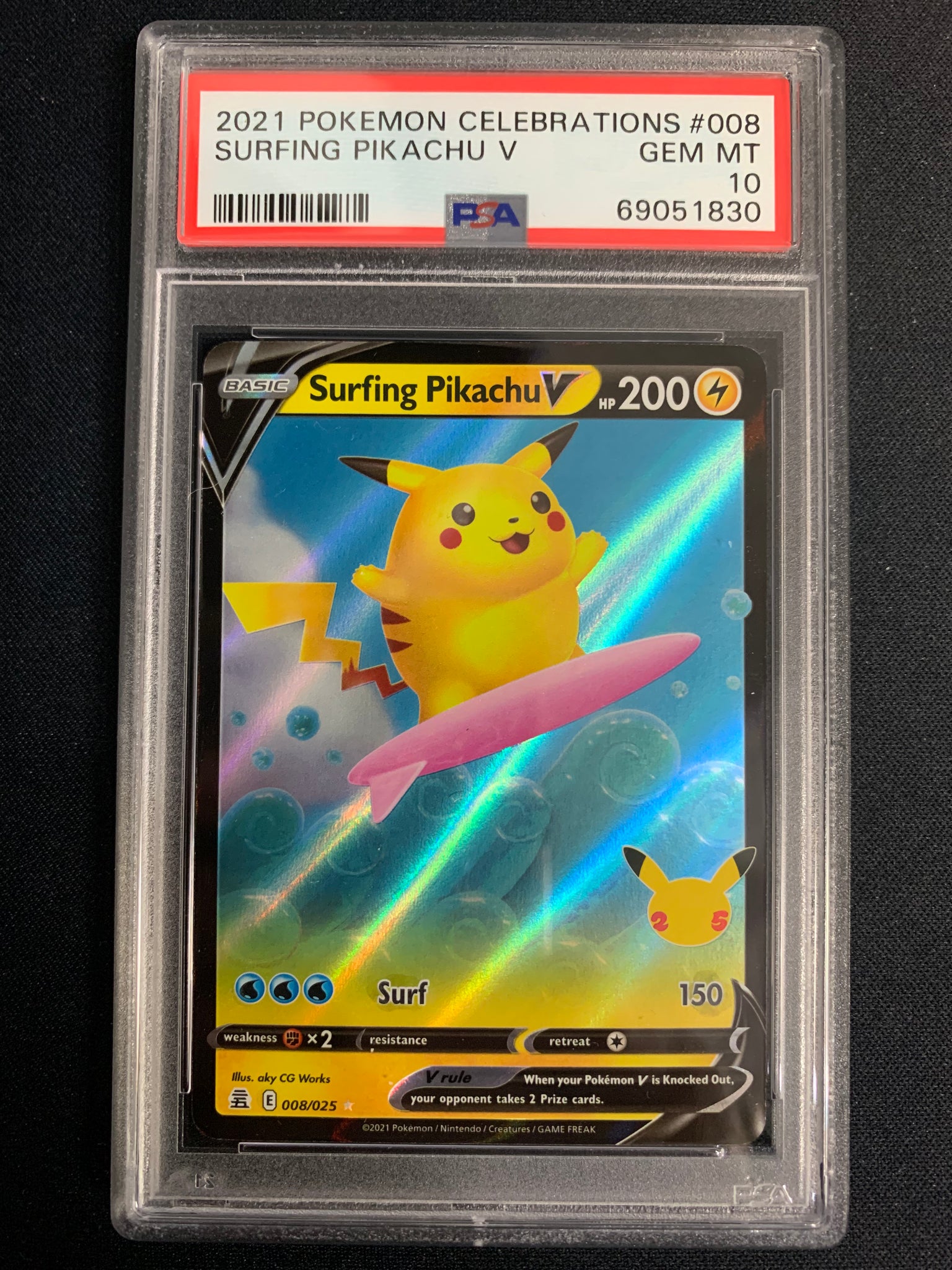 2021 POKEMON CELEBRATIONS SURFING PIKACHU V - GRADED PSA 10 GEM MINT
