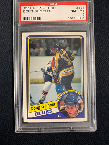 1984-85 O-PEE-CHEE HOCKEY #185 ST. LOUIS BLUES - DOUG GILMOUR ROOKIE CARD GRADED PSA 8 NM-MT