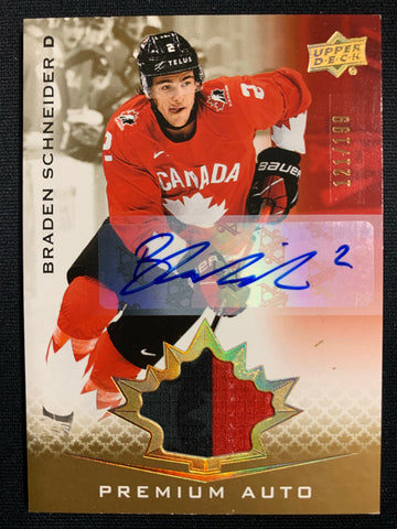 2021 UPPER DECK TEAM CANADA JUNIORS HOCKEY #2 - BRADEN SCHNEIDER PREMIUM AUTO 2 COLOUR PATCH NUMBERED 121/199