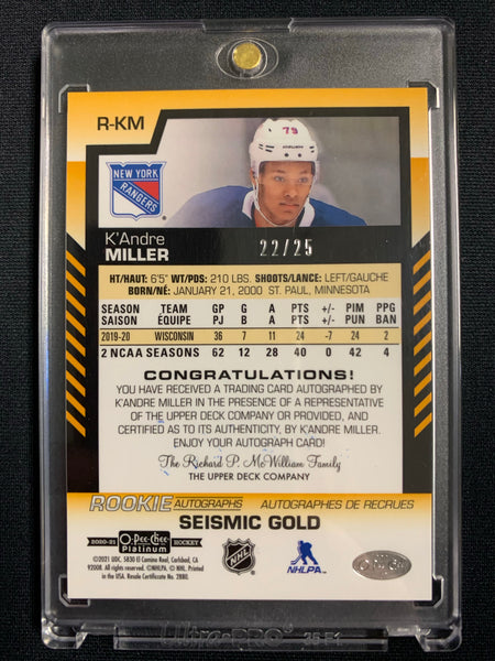 2020-21 UD O-PEE-CHEE PLATINUM HOCKEY #R-KM NEW YORK RANGERS - K'ANDRE MILLER SEISMIC GOLD ROOKIE AUTOGRAPHS NUMBERED 22/25