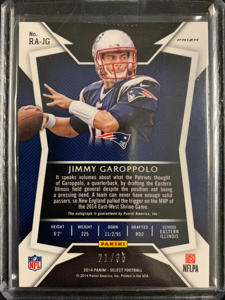 2014 PANINI SELECT FOOTBALL #RA-JG NEW ENGLAND PATRIOTS - JIMMY GAROPPOLO PRIZM PARALLEL AUTOGRAPHED ROOKIE CARD NUMBERED 21/35