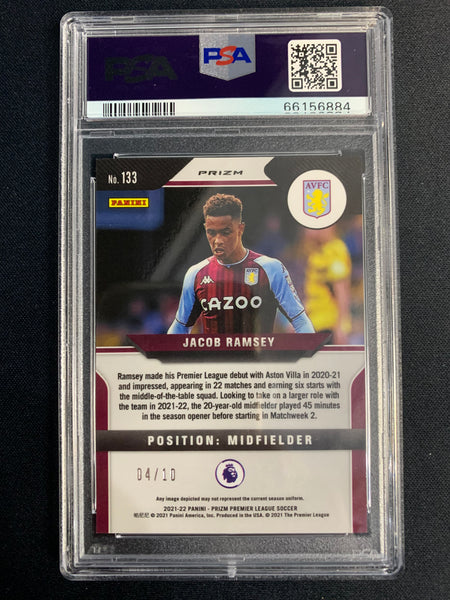 2021 PANINI PRIZM EPL SOCCER #133 - ASTON VILLA - JACOB RAMSEY GOLD BREAKAWAY PRIZM ROOKIE NUMBERED 04/10 GRADED PSA 10 GEM MINT