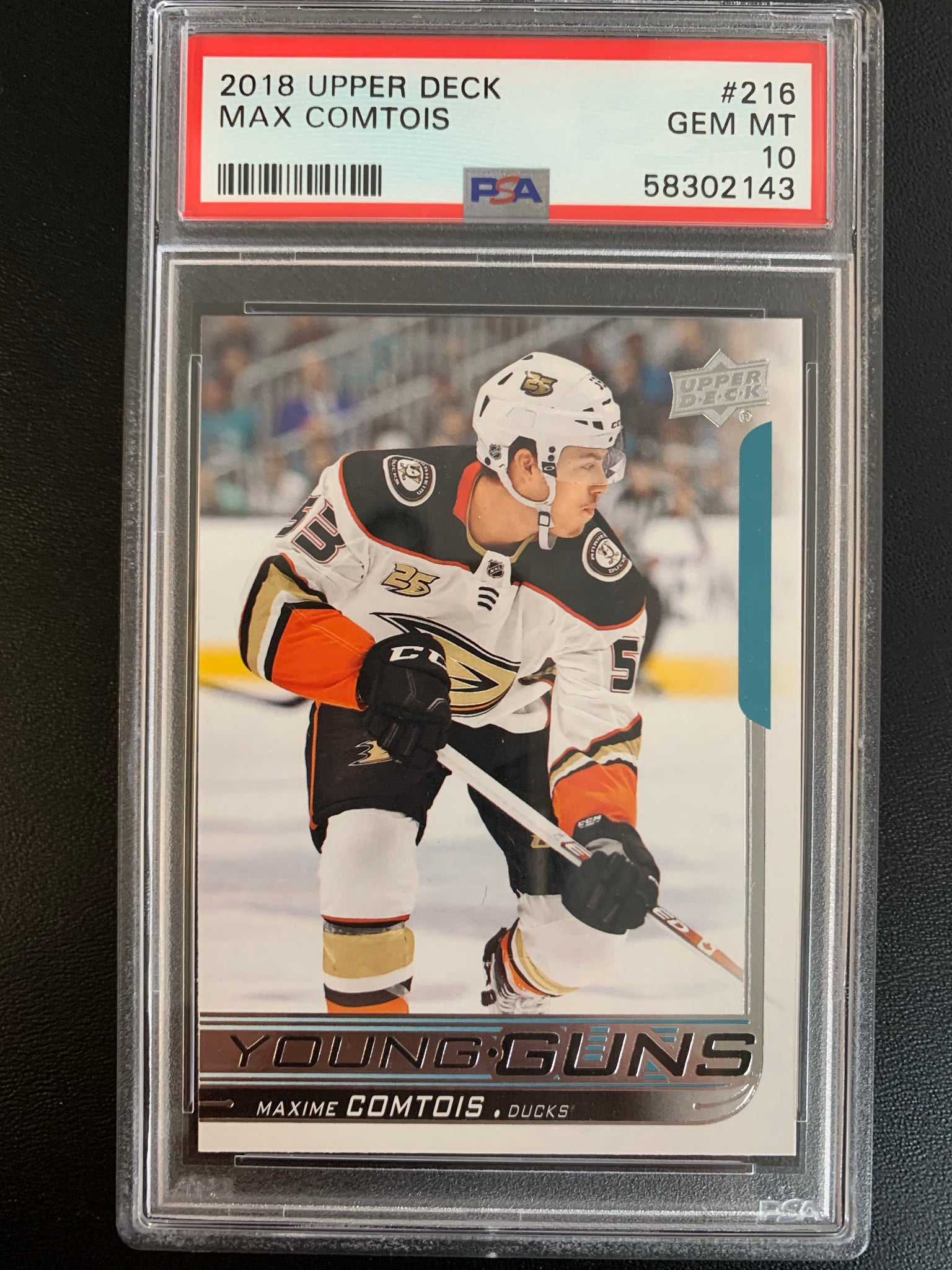 2018-19 UPPER DECK HOCKEY #216 ANAHEIM DUCKS - MAXIME COMTOIS YOUNG GUNS ROOKIE CARD GRADED PSA 10 GEM MINT