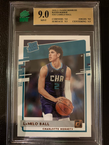 2020-2021 PANINI DONRUSS NBA BASKETBALL #202 CHARLOTTE HORNETS - LAMELO BALL ROOKIE CARD GRADED MNT 9.0 MINT