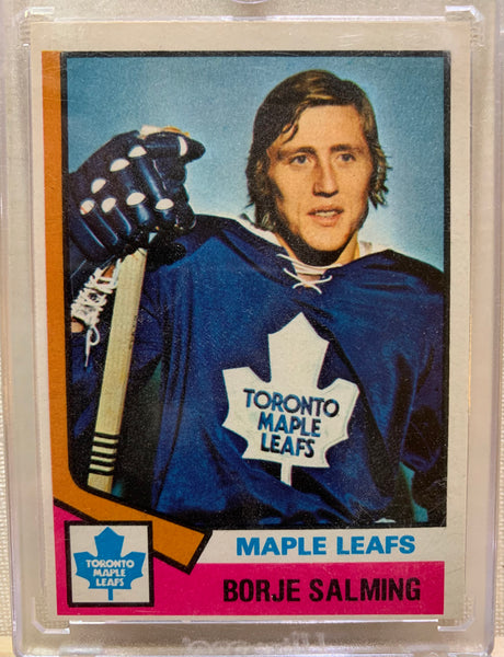 1974-75 O-PEE-CHEE HOCKEY #180 TORONTO MAPLE LEAFS - BORJE SALMING ROOKIE CARD RAW