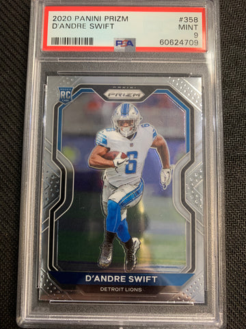 2020 PANINI PRIZM FOOTBALL #358 DETROIT LIONS - D'ANDRE SWIFT BASE PRIZM ROOKIE CARD GRADED PSA 9 MINT