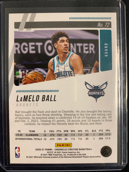2020-2021 PANINI CHRONICLES NBA BASKETBALL #72 CHARLOTTE HORNETS - LAMELO BALL PANINI PRESTIGE ROOKIE CARD