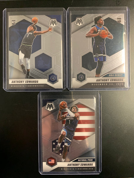 2020-2021 PANINI MOSAIC NBA BASKETBALL MINNESOTA TIMBERWOLVES - ANTHONY EDWARDS MOSAIC ROOKIE 3 CARD LOT