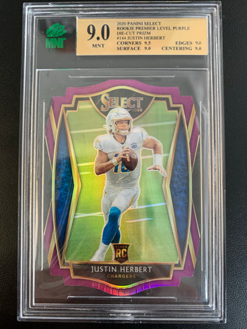 2020 PANINI SELECT FOOTBALL #144 LOS ANGELES CHARGERS - JUSTIN HERBERT PREMIER LEVEL PURPLE DIE-CUT PRIZM ROOKIE CARD GRADED MNT 9.0 MINT