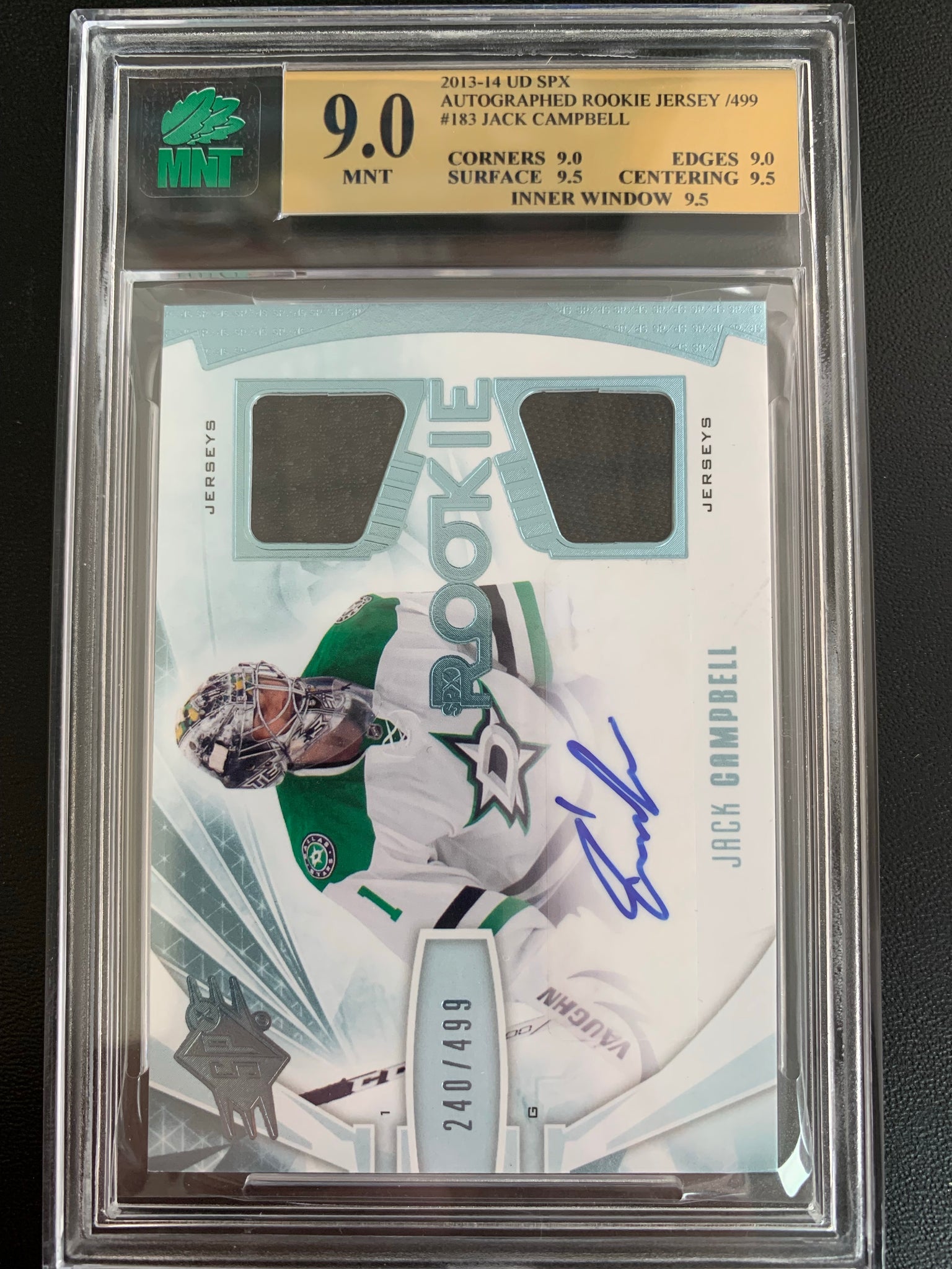 2013-14 UPPER DECK SPX HOCKEY #183 DALLAS STARS - JACK CAMPBELL SPX AUTOGRAPHED JERSEY ROOKIE CARD 240/499 GRADED MNT 9.0 MINT