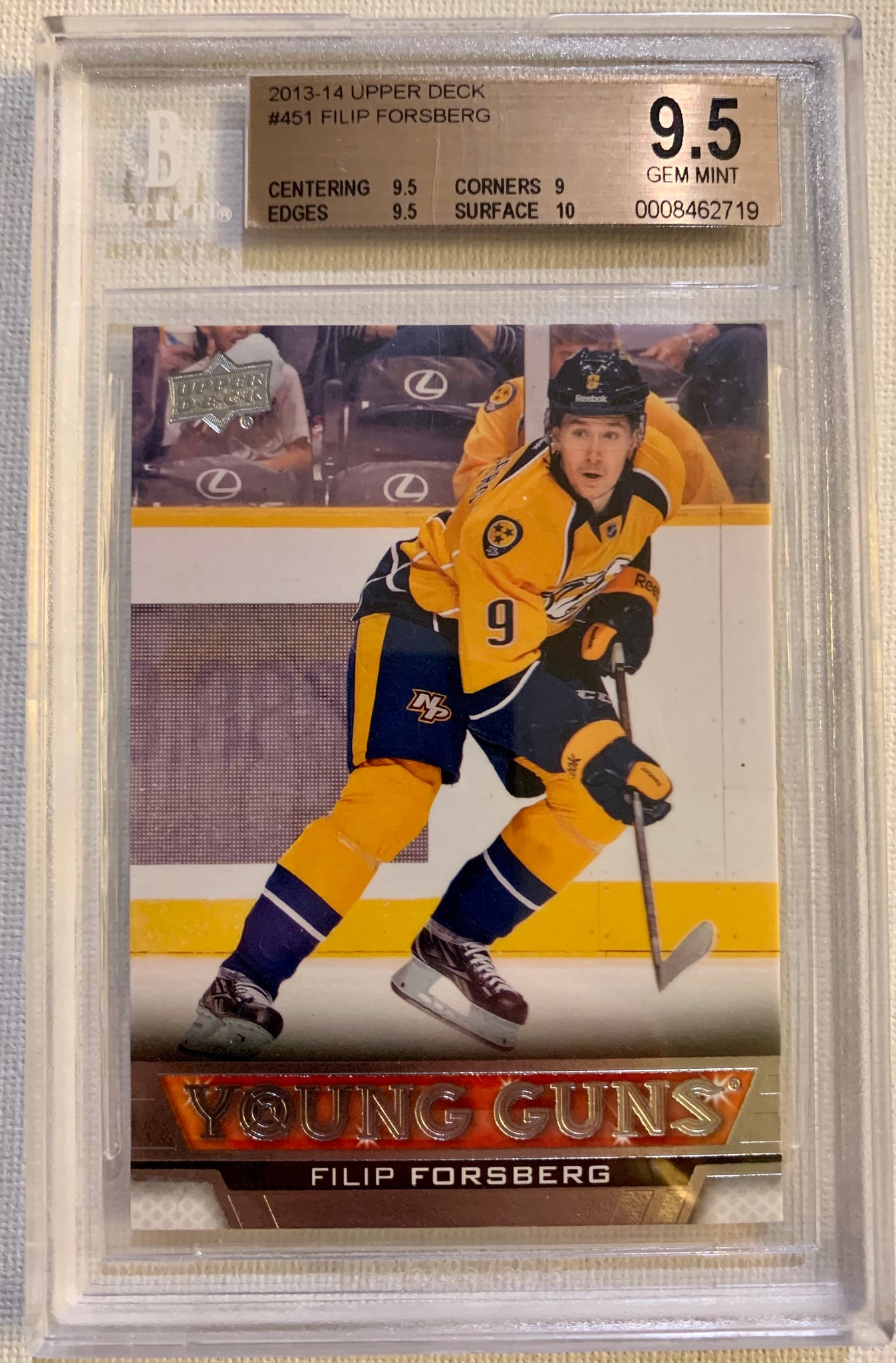 2013-14 UPPER DECK HOCKEY #451 NASHVILLE PREDATORS - FILIP FORSBERG ROOKIE CARD GRADED BGS 9.5 GEM MINT
