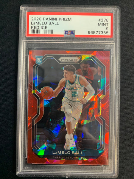 2020-2021 PANINI PRIZM NBA BASKETBALL #278 CHARLOTTE HORNETS - LAMELO BALL RED CRACKED ICE PRIZM ROOKIE GRADED PSA 9 MINT