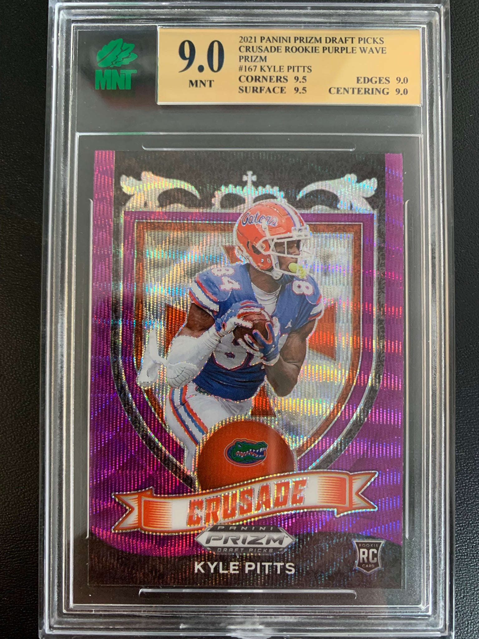 2021 PANINI PRIZM DRAFT PICKS FOOTBALL #167 ATLANTA FALCONS - KYLE PITTS CRUSADE ROOKIE PURPLE WAZE GRADED MNT 9.0 MINT