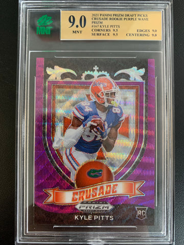 2021 PANINI PRIZM DRAFT PICKS FOOTBALL #167 ATLANTA FALCONS - KYLE PITTS CRUSADE ROOKIE PURPLE WAZE GRADED MNT 9.0 MINT