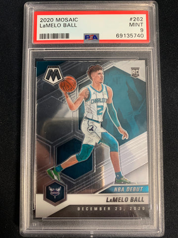 2020 PANINI MOSAIC NBA BASKETBALL #262 CHARLOTTE HORNETS - LAMELO BALL NBA DEBUT ROOKIE CARD GRADED PSA 9 MINT