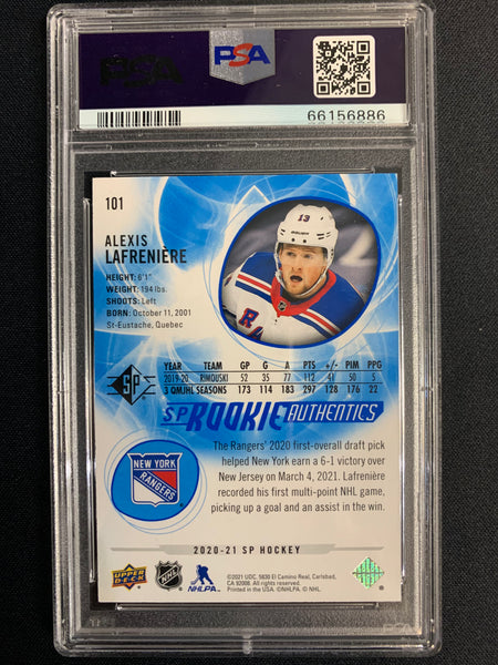 2020 UPPER DECK SP HOCKEY #101 - NEW YORK RANGERS - ALEXIS LAFRENIERE ROOKIE AUTHENTICS BLUE GRADED PSA 9 MINT