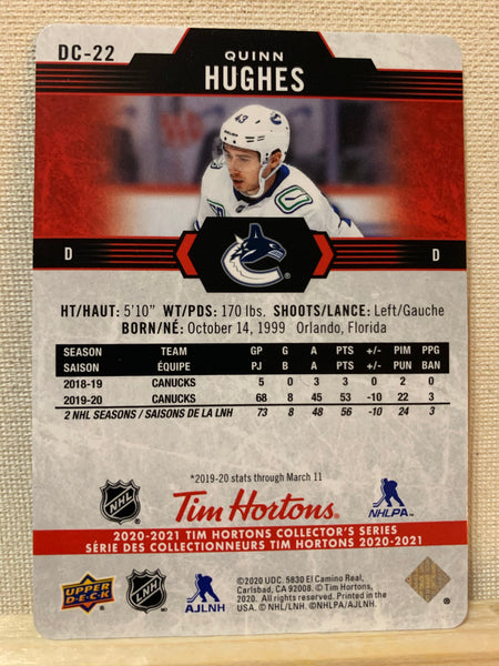 2020-21 TIM HORTONS HOCKEY #DC-22 VANCOUVER CANUCKS - RED DIE CUT QUINN HUGHES CARD RAW