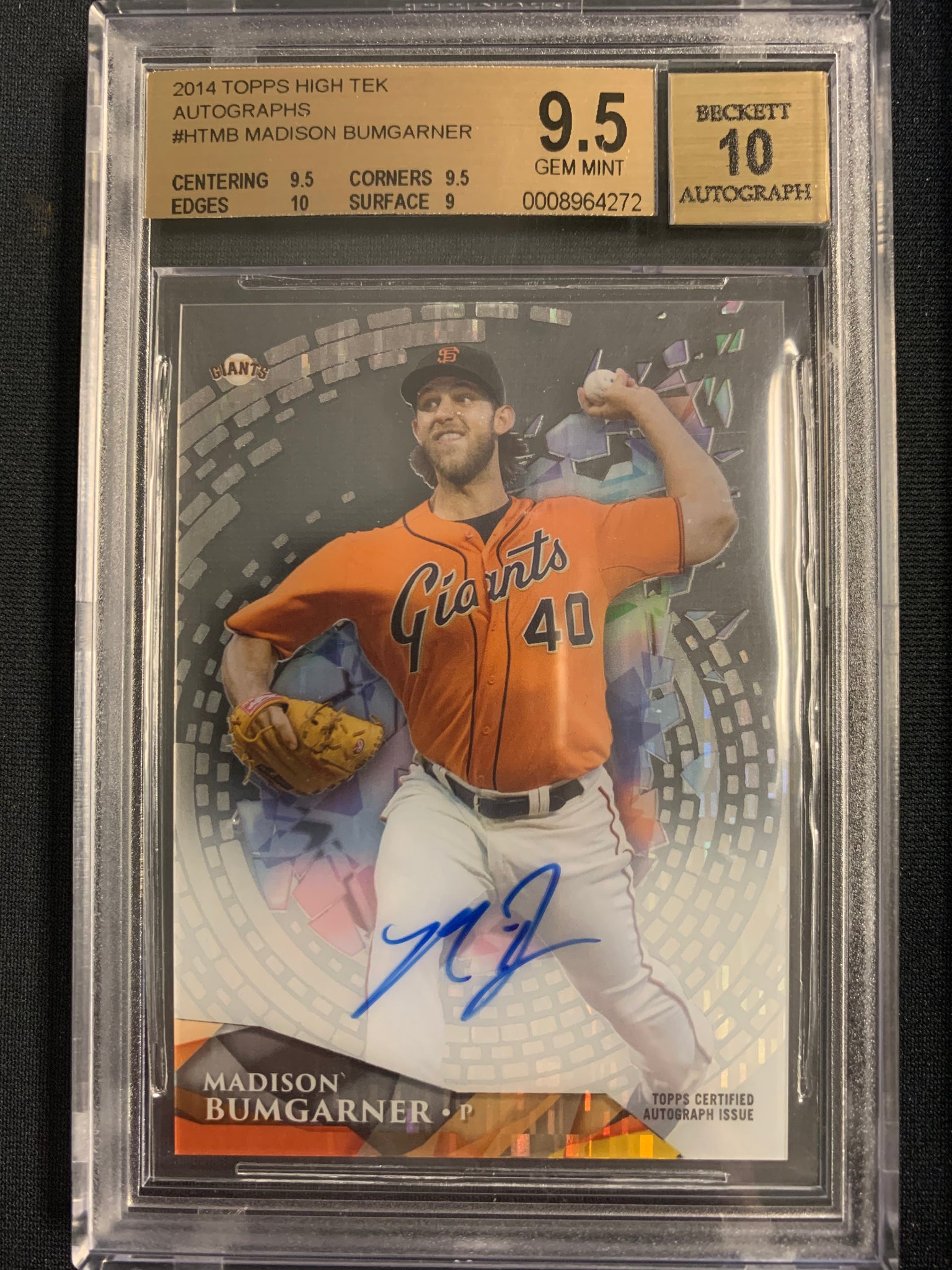 2014 TOPPS HIGH TEK BASEBALL #HTMB SAN FRANCISCO GIANTS - MADISON BUMGARNER ON CARD AUTOGRAPH NUMBERED 18/50 GRADED BGS 9.5/10 AUTO