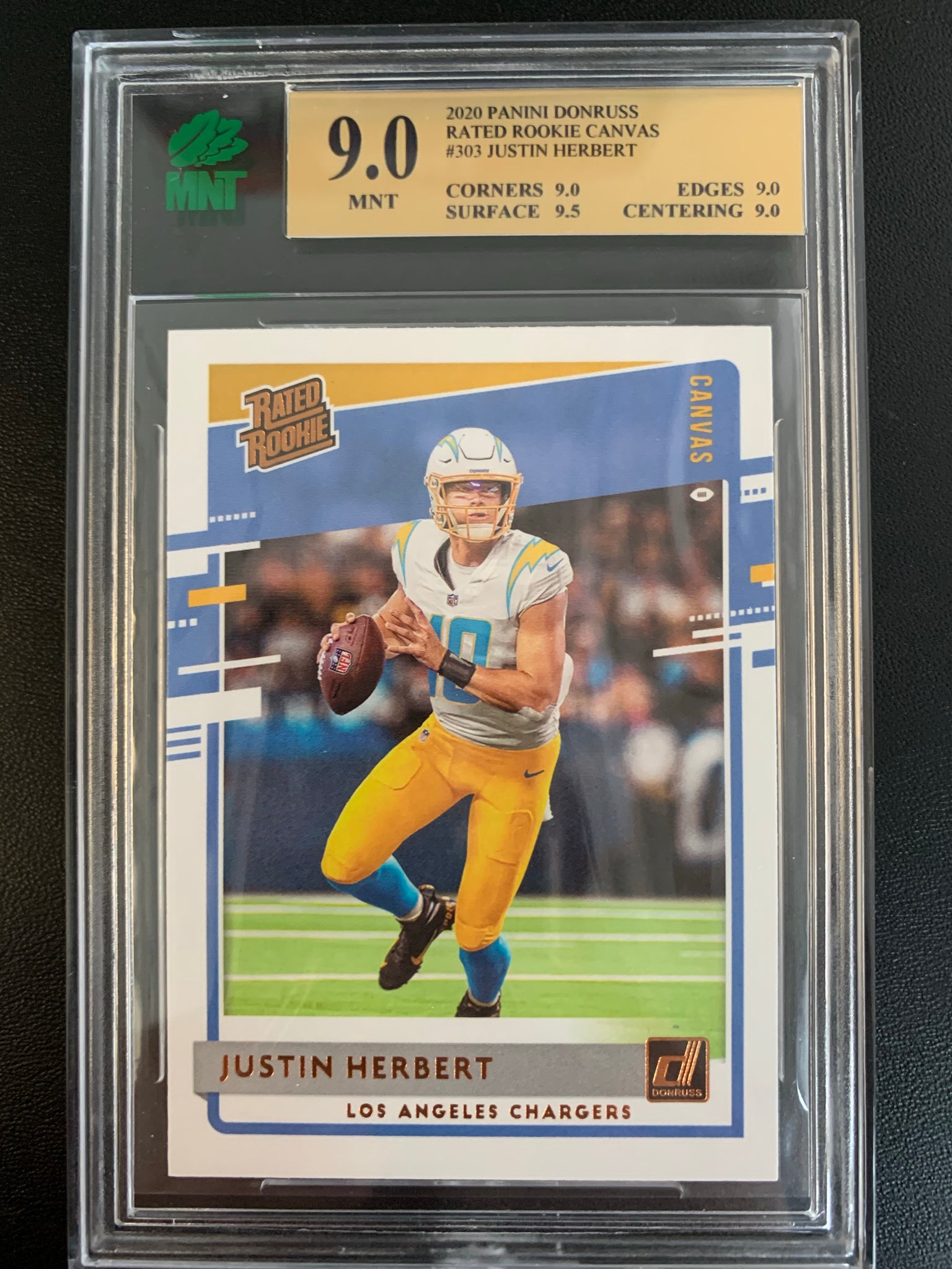 2020 PANINI DONRUSS FOOTBALL #303 LOS ANGELES CHARGERS - JUSTIN HERBERT SP CANVAS RATED ROOKIE CARD GRADED MNT 9.0 MINT