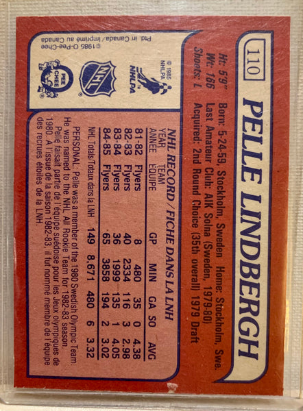 1985-86 O-PEE-CHEE HOCKEY #110 PHILADELPHIA FLYERS - PELLE LINDBERGH MEMORIAL CARD RAW