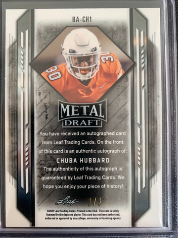 2021 LEAF METAL DRAFT FOOTBALL #BA-CH1 CAROLINA PANTHERS - CHUBA HUBBARD ROOKIE CARD AUTOGRAPHED AND SERIAL NUMBERED 2/3