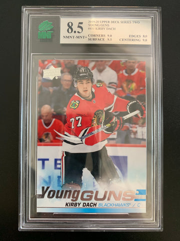 2019-20 UPPER DECK HOCKEY #451 CHICAGO BLACKHAWKS - KIRBY DACH YOUNG GUNS ROOKIE CARD GRADED MNT 8.5 NMNT-MINT+