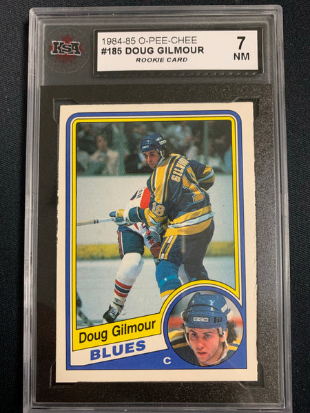 1984-85 O-PEE-CHEE HOCKEY #185 ST. LOUIS BLUES - DOUG GILMOUR ROOKIE CARD GRADED KSA 7 NM