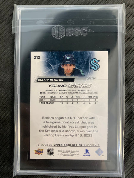 2022-23 UPPER DECK HOCKEY #213 SEATTLE KRAKEN - MATTY BENIERS YOUNG GUNS ROOKIE CARD GRADED SGC 9.5 MINT+