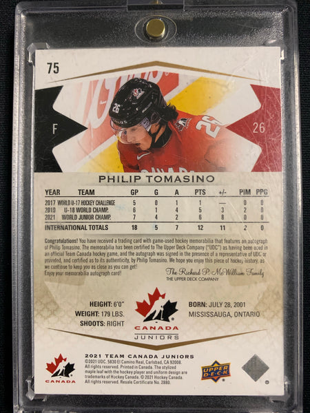 2021 UPPER DECK TEAM CANADA JUNIORS HOCKEY #75 - PHILIP TOMASINO PREMIUM AUTO 4 COLOUR PATCH NUMBERED 02/25