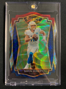 2020 PANINI SELECT FOOTBALL #144 LOS ANGELES CHARGERS - JUSTIN HERBERT PREMIER LEVEL TRI COLOR DIE CUT PRIZM ROOKIE CARD