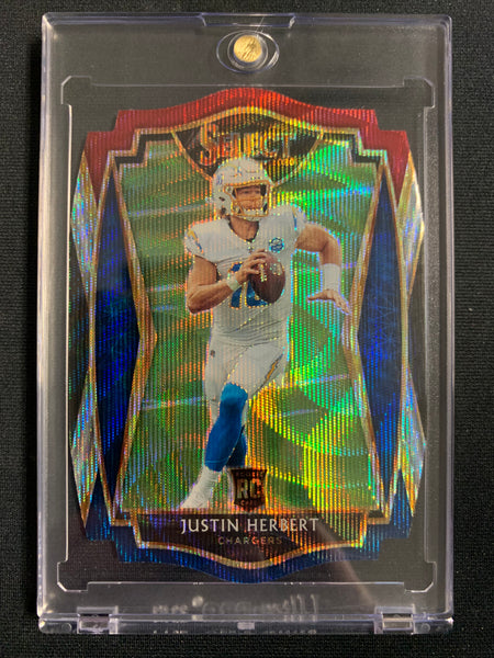 2020 PANINI SELECT FOOTBALL #144 LOS ANGELES CHARGERS - JUSTIN HERBERT PREMIER LEVEL TRI COLOR DIE CUT PRIZM ROOKIE CARD