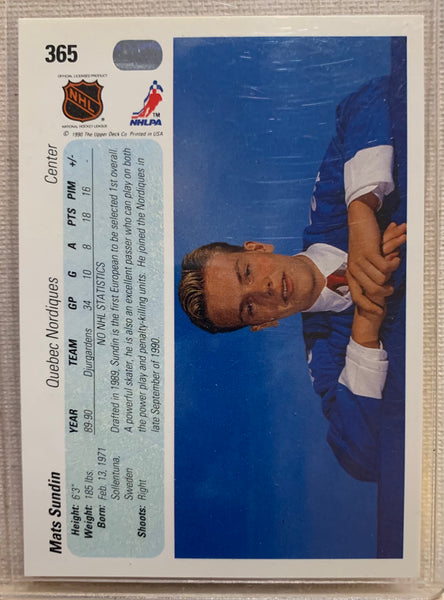 1990-91 UPPER DECK HOCKEY #365 QUEBEC NORDIQUES - MATS SUNDIN ROOKIE CARD RAW