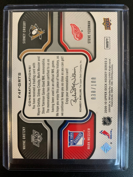 2009-10 UPPER DECK SERIES 2 HOCKEY #F4F-GRTS - FAB FOUR FABRICS GRETZKY/CROSBY/MESSIER/YZERMAN GAME USED NUMBERED 030/100