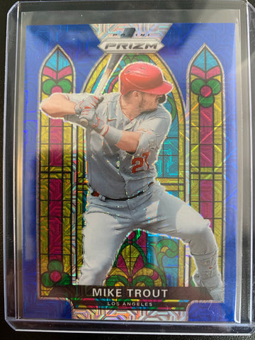 2021 PANINI PRIZM BASEBALL #SG-1 LOS ANGELES ANGELS - MIKE TROUT BLUE PRIZM STAINED GLASS NUMBERED 107/199