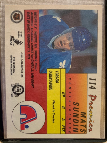 1990-91 O-PEE-CHEE PREMIER HOCKEY #114 QUEBEC NORDIQUES - MATS SUNDIN ROOKIE CARD RAW