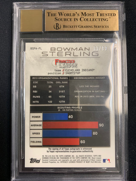 2014 BOWMAN STERLING BASEBALL #BSPAFL CLEVELAND INDIANS - FRANCISCO LINDOR MAGENTA PROSPECTS AUTO NUMBERED 33/99 GRADED BGS 9.5/10