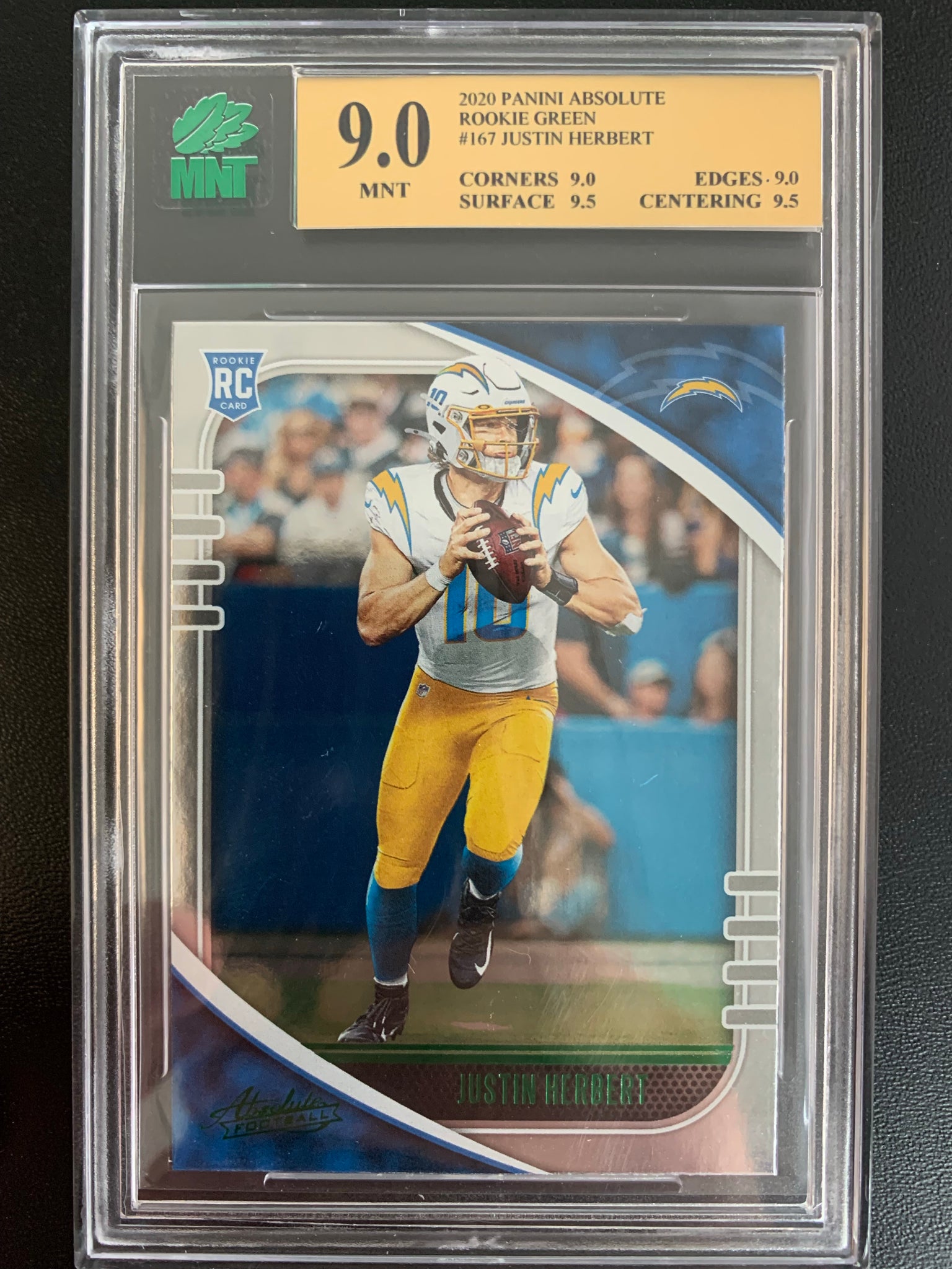 2020 PANINI ABSOLUTE FOOTBALL #167 LOS ANGELES CHARGERS - JUSTIN HERBERT GREEN FOIL ROOKIE CARD GRADED MNT 9.0 MINT