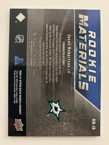2020-21 UPPER DECK SERIES 2 HOCKEY #RM-JR DALLAS STARS - JASON ROBERTSON ROOKIE MATERIALS JERSEY CARD