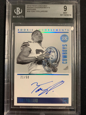 2019 PANINI ENCASED NFL FOOTBALL #39 DALLAS COWBOYS - TONY POLLARD ROOKIE ENDORSEMENTS SAPPHIRE AUTO NUMBERED 21/50 GRADED BGS 9 MINT 10 AUTO