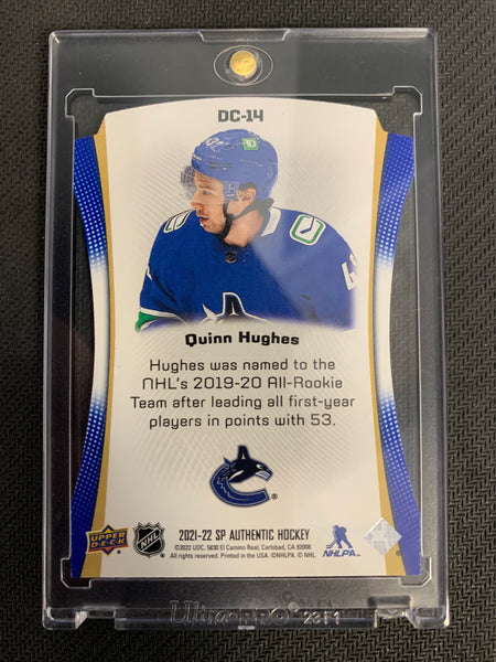 2021-22 UPPER DECK SP AUTHENTIC HOCKEY #DC-14 VANCOUVER CANUCKS - QUINN HUGHES BLUE DIE CUT PARALLEL