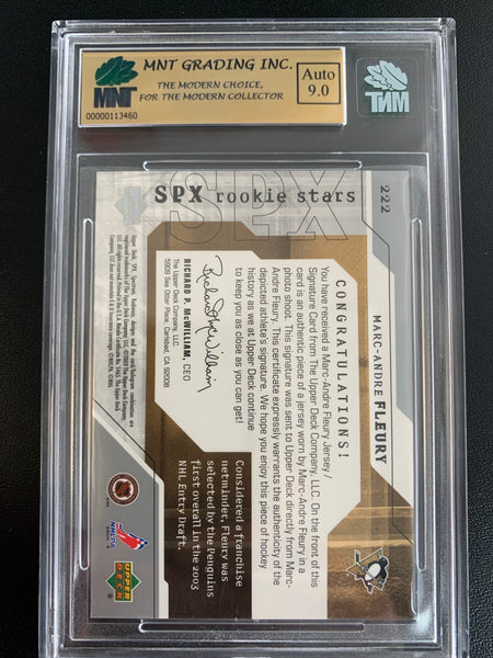 2003-04 UPPER DECK HOCKEY #222 PITTSBURGH PENGUINS - MARC ANDRE FLEURY SPX AUTOGRAPHED JERSEY ROOKIE CARD GRADED MNT 9.0 MINT