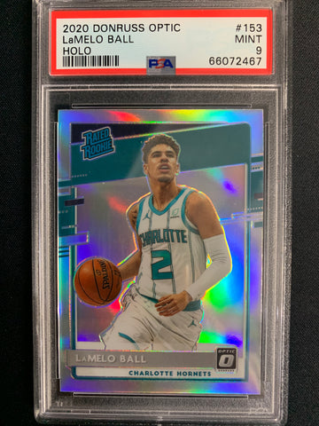 2020-2021 PANINI DONRUSS OPTIC NBA BASKETBALL #153 CHARLOTTE HORNETS - LAMELO BALL SILVER HOLO RATED ROOKIE GRADED PSA 9 MINT