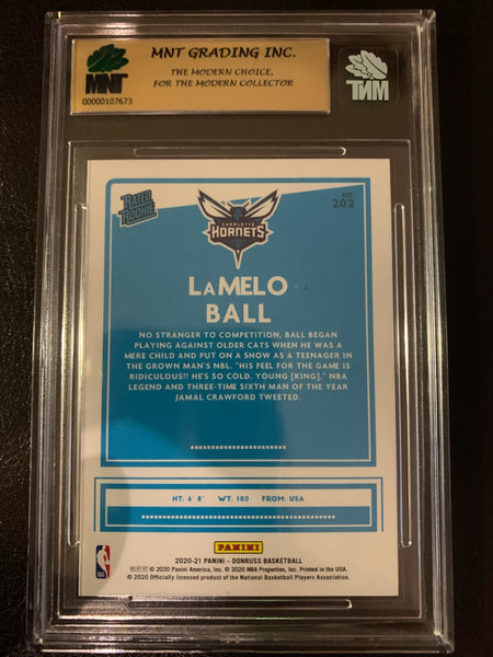 2020-2021 PANINI DONRUSS NBA BASKETBALL #202 CHARLOTTE HORNETS - LAMELO BALL ROOKIE CARD GRADED MNT 9.0 MINT