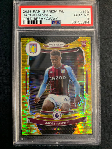 2021 PANINI PRIZM EPL SOCCER #133 - ASTON VILLA - JACOB RAMSEY GOLD BREAKAWAY PRIZM ROOKIE NUMBERED 04/10 GRADED PSA 10 GEM MINT