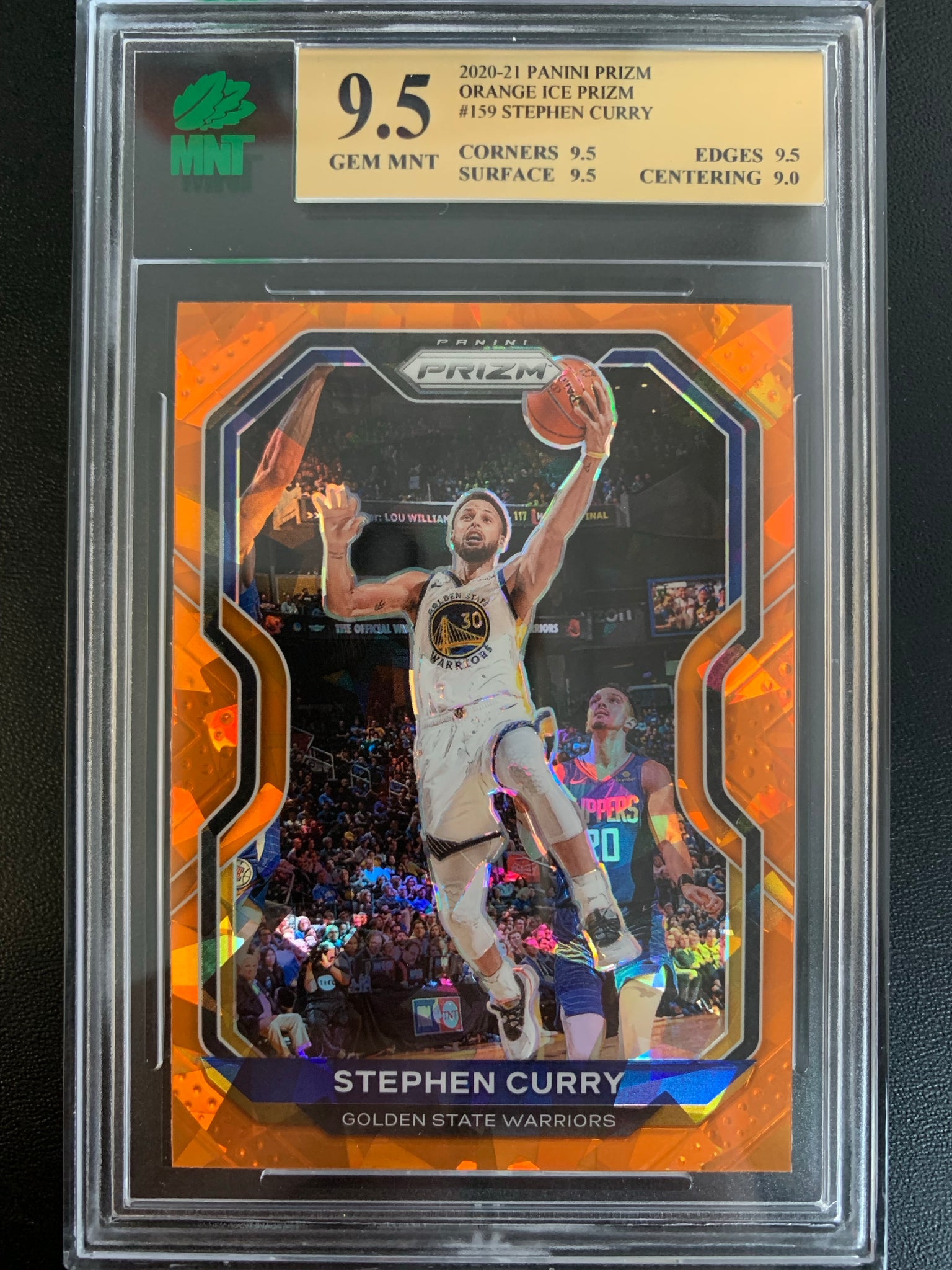 2020-2021 PANINI PRIZM NBA BASKETBALL #159 GOLDEN STATE WARRIORS - STEPHEN CURRY ORANGE CRACKED ICE PRIZM PARALLEL GRADED MNT 9.5 GEM MINT